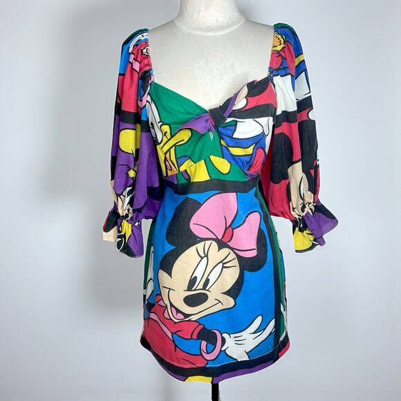 Unique VTG Handmade Dress S Minnie Mickey Mouse Donald Duck Puff Sleeve Retro - Picture 1 of 9